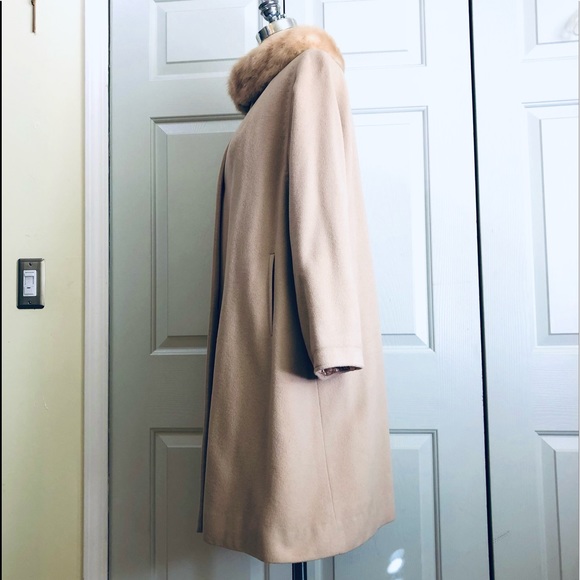 Vintage Cashmere Mink Fur Collar Pockets Coat Jacket Beige Size Large - Picture 4 of 16